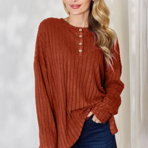 Full Size Ribbed Half Button Long Sleeve High-Low Rust T-Shirt